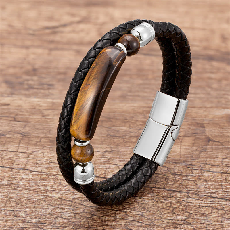 Buddha Stones Grüner Aventurin Tigerauge Grüner Achat Schwarzer Onyx Hämatit Stein Glücksleder Armband mit Magnetschnalle - Silber - Tigerauge - 18-22 cm - image 5
