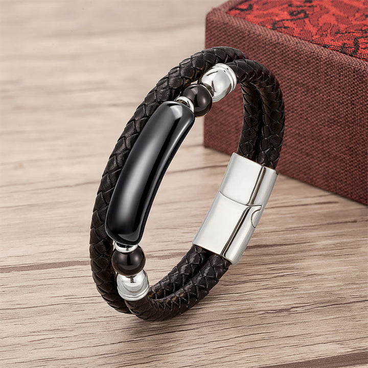 Buddha Stones Grüner Aventurin Tigerauge Grüner Achat Schwarzer Onyx Hämatit Stein Glücksleder Armband mit Magnetschnalle - Silber - Schwarzer Onyx - 18-22 cm - image 11