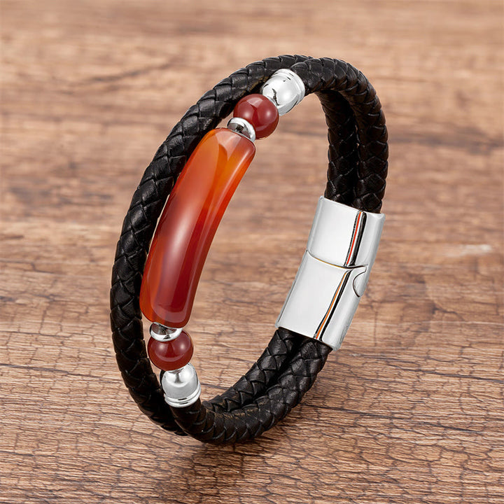 Buddha Stones Grüner Aventurin Tigerauge Grüner Achat Schwarzer Onyx Hämatit Stein Glücksleder Armband mit Magnetschnalle - Silber - Roter Achat - 18-22 cm - image 28