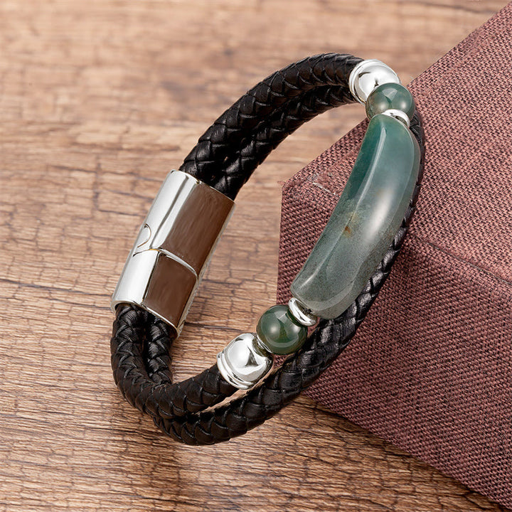 Buddha Stones Grüner Aventurin Tigerauge Grüner Achat Schwarzer Onyx Hämatit Stein Glücksleder Armband mit Magnetschnalle