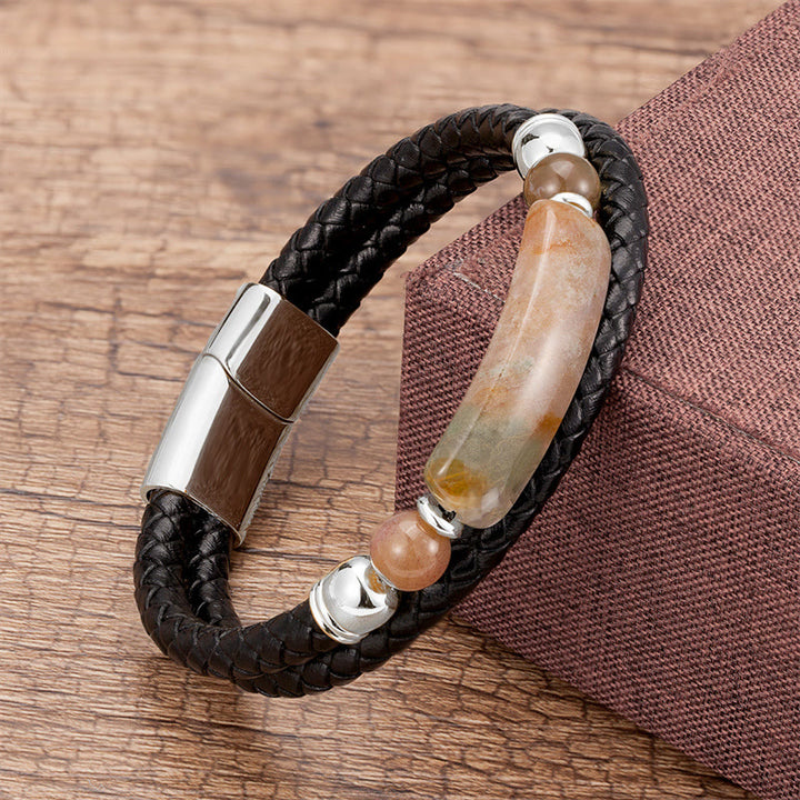 Buddha Stones Grüner Aventurin Tigerauge Grüner Achat Schwarzer Onyx Hämatit Stein Glücksleder Armband mit Magnetschnalle - Silber - Achat - 18-22 cm - image 8