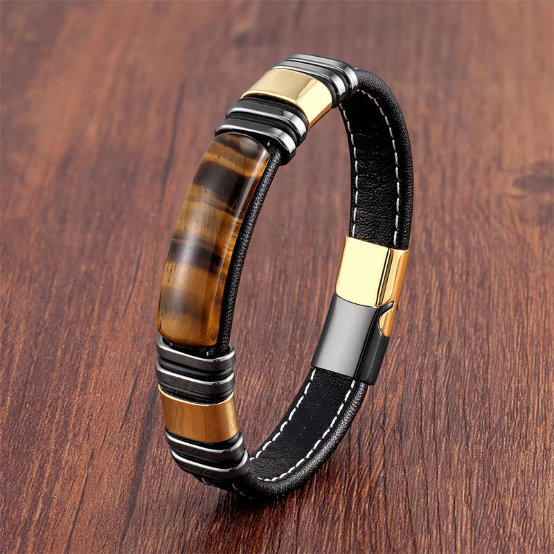 Buddha Stones Tigerauge-Stein Klares Denken Lederarmband mit Schnalle - Tigerauge-Gold Schwarz - 18-22 cm - image 1