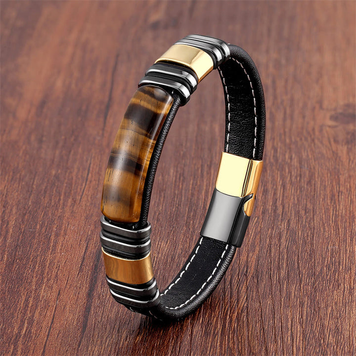 Buddha Stones Tigerauge-Stein Klares Denken Lederarmband mit Schnalle - Tigerauge-Gold Schwarz - 18-22 cm - image 1