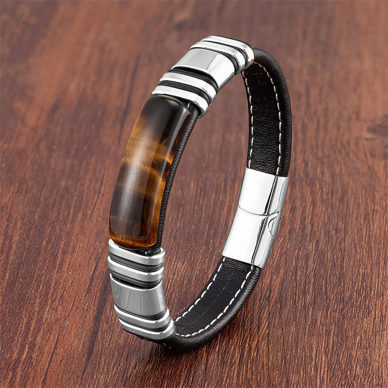 Buddha Stones Tigerauge-Stein Klares Denken Lederarmband mit Schnalle - Tigerauge-Silber - 18-22 cm - image 2