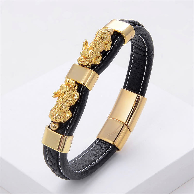 Buddha Stones Doppel-PiXiu-Armband aus Leder mit Magnetschnalle - Gold PiXiu - 18-22 cm - image 1