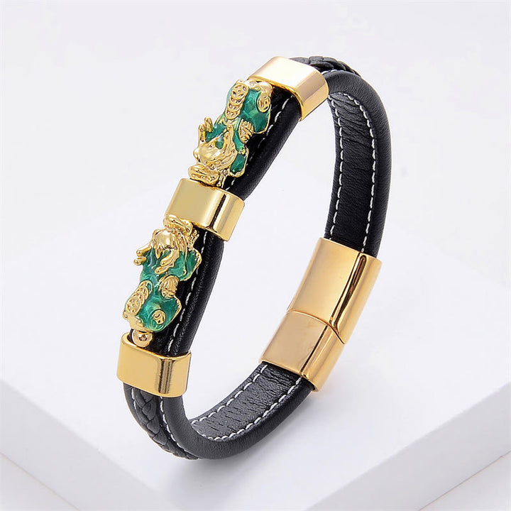 Buddha Stones Doppel-PiXiu-Armband aus Leder mit Magnetschnalle - Grüner PiXiu - 18-22 cm - image 3