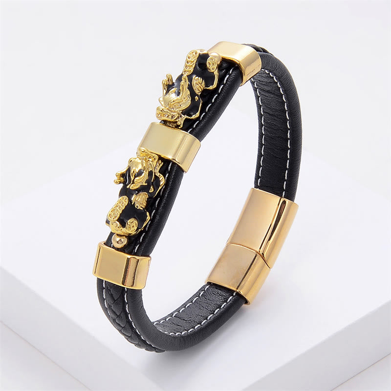 Buddha Stones Doppel-PiXiu-Armband aus Leder mit Magnetschnalle - Schwarzes Gold PiXiu - 18-22 cm - image 2