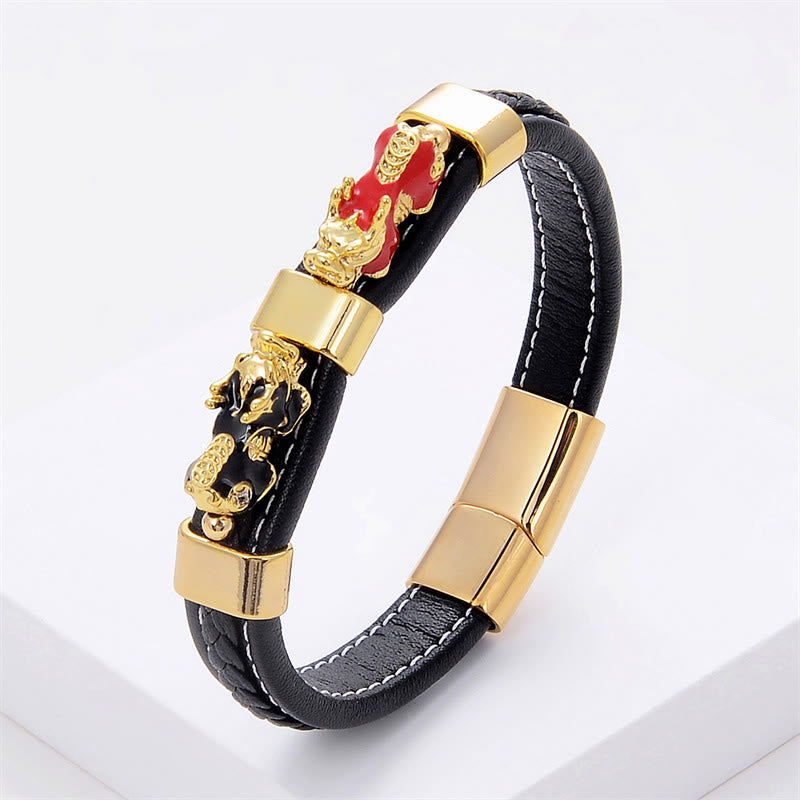 Buddha Stones Doppel-PiXiu-Armband aus Leder mit Magnetschnalle - Rot Schwarz PiXiu - 18-22 cm - image 4