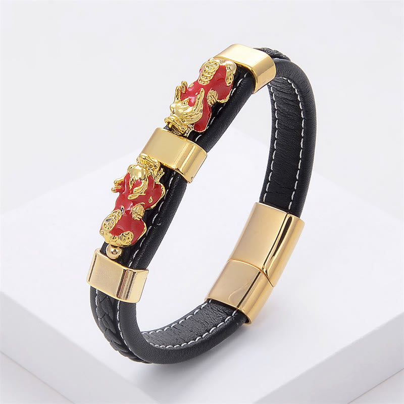 Buddha Stones Doppel-PiXiu-Armband aus Leder mit Magnetschnalle - Roter PiXiu - 18-22 cm - image 8