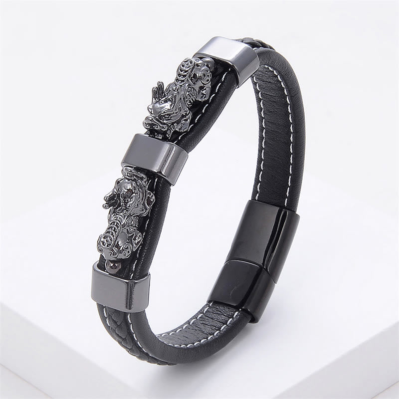 Buddha Stones Doppel-PiXiu-Armband aus Leder mit Magnetschnalle - Schwarzgrau PiXiu - 18-22 cm - image 10