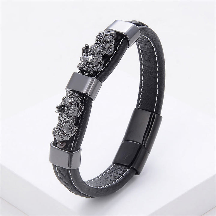 Buddha Stones Doppel-PiXiu-Armband aus Leder mit Magnetschnalle - Schwarzgrau PiXiu - 18-22 cm - image 10