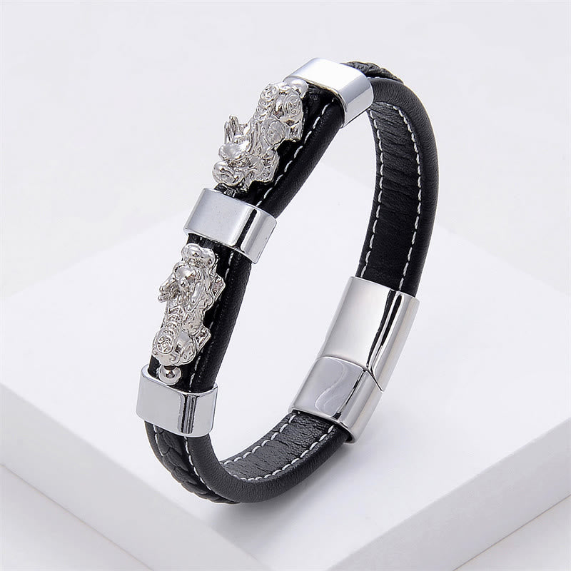 Buddha Stones Doppel-PiXiu-Armband aus Leder mit Magnetschnalle - Silber PiXiu - 18-22 cm - image 9