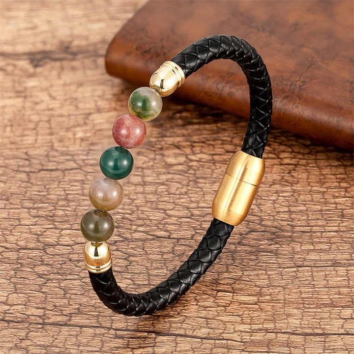 Buddha Stones, Blauer Achat, Tigerauge, Lavastein, Schwarzer Onyx, Lazurit, Lapislazuli, Perlen-Schutzarmband aus Leder - Achat - 18-22 cm - image 0