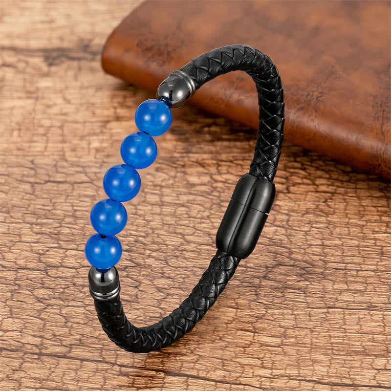 Buddha Stones, blauer Achat, Tigerauge, Lavastein, schwarzer Onyx, Lazurit, Perlenschutz, Lederarmband - Blauer Achat - 18-22 cm - image 2