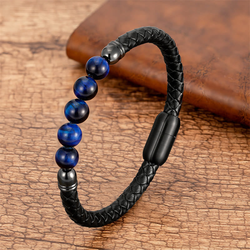 Buddha Stones, blauer Achat, Tigerauge, Lavastein, schwarzer Onyx, Lazurit, Perlenschutz, Lederarmband - Blaues Tigerauge - 18-22 cm - image 5