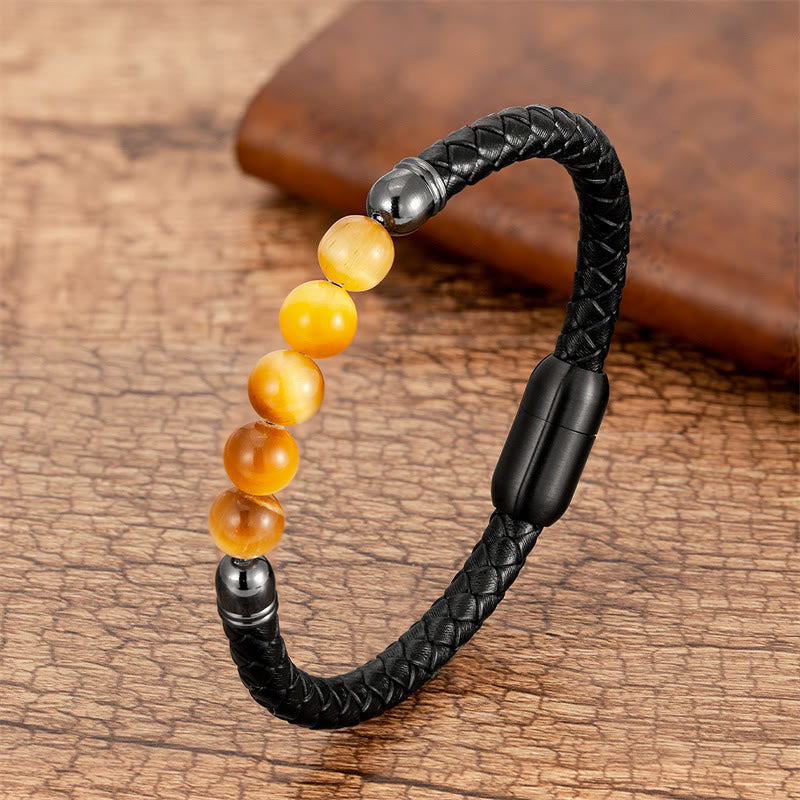 Buddha Stones, blauer Achat, Tigerauge, Lavastein, schwarzer Onyx, Lazurit, Perlenschutz, Lederarmband - Goldenes Tigerauge - 18-22 cm - image 7
