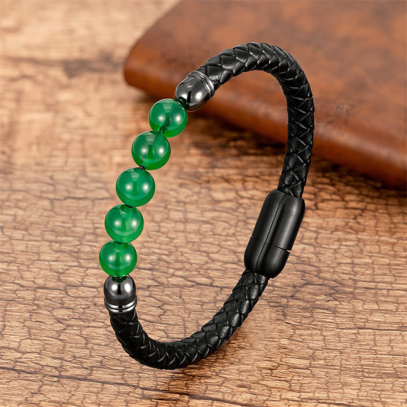 Buddha Stones, blauer Achat, Tigerauge, Lavastein, schwarzer Onyx, Lazurit, Perlenschutz, Lederarmband - Grüner Achat - 18-22 cm - image 8