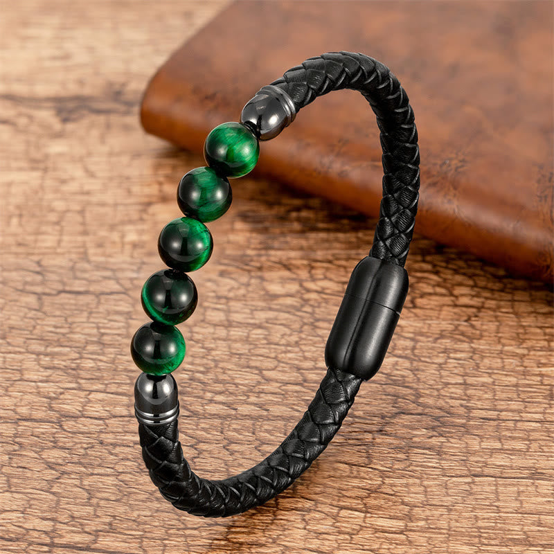 Buddha Stones, blauer Achat, Tigerauge, Lavastein, schwarzer Onyx, Lazurit, Perlenschutz, Lederarmband - Grünes Tigerauge - 18-22 cm - image 10