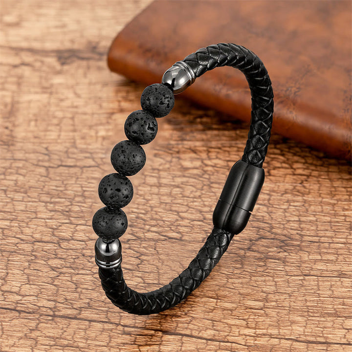Buddha Stones, Blauer Achat, Tigerauge, Lavastein, Schwarzer Onyx, Lazurit, Lapislazuli, Perlen-Schutzarmband aus Leder - Lavagestein - 18-22 cm - image 12