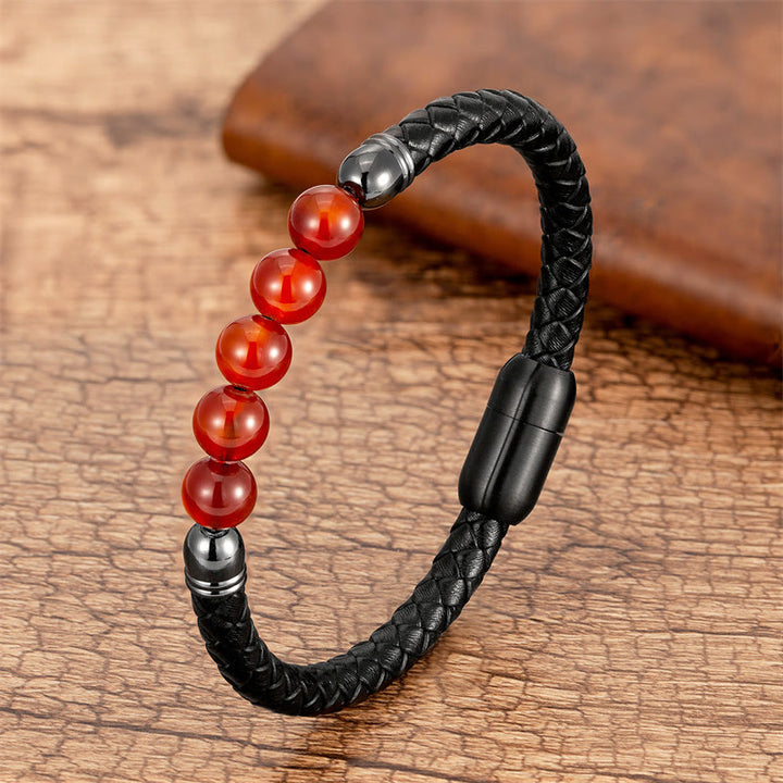 Buddha Stones, blauer Achat, Tigerauge, Lavastein, schwarzer Onyx, Lazurit, Perlenschutz, Lederarmband - Roter Achat - 18-22 cm - image 15