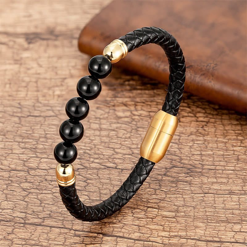 Buddha Stones, blauer Achat, Tigerauge, Lavastein, schwarzer Onyx, Lazurit, Perlenschutz, Lederarmband