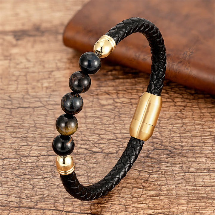 Buddha Stones, blauer Achat, Tigerauge, Lavastein, schwarzer Onyx, Lazurit, Perlenschutz, Lederarmband