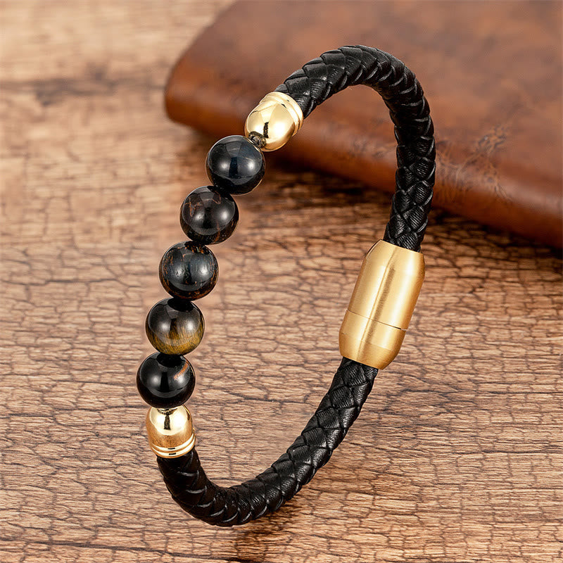 Buddha Stones, blauer Achat, Tigerauge, Lavastein, schwarzer Onyx, Lazurit, Perlenschutz, Lederarmband - Schwarz-Gelbes Tigerauge - 18-22 cm - image 19