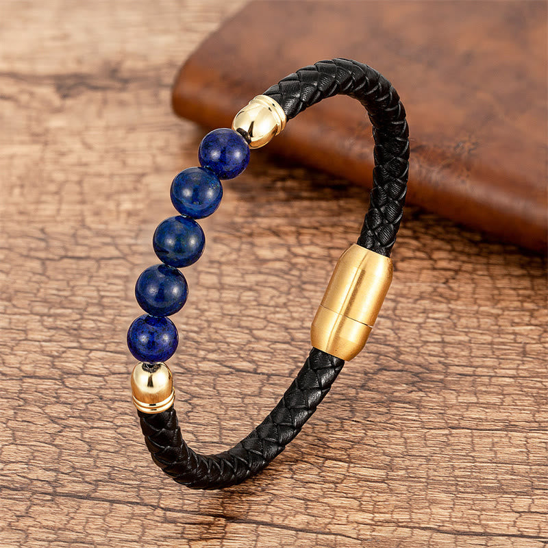 Buddha Stones, blauer Achat, Tigerauge, Lavastein, schwarzer Onyx, Lazurit, Perlenschutz, Lederarmband