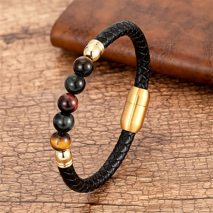 Buddha Stones, blauer Achat, Tigerauge, Lavastein, schwarzer Onyx, Lazurit, Perlenschutz, Lederarmband