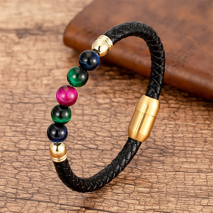 Buddha Stones, blauer Achat, Tigerauge, Lavastein, schwarzer Onyx, Lazurit, Perlenschutz, Lederarmband - Rose Rot Grün Blau Tigerauge - 18-22 cm - image 23
