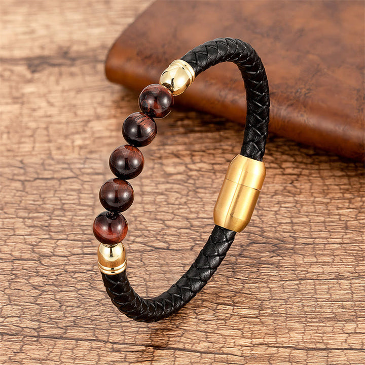 Buddha Stones, blauer Achat, Tigerauge, Lavastein, schwarzer Onyx, Lazurit, Perlenschutz, Lederarmband - Braunrotes Tigerauge - 18-22 cm - image 24