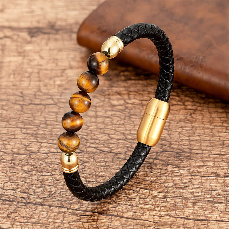 Buddha Stones, blauer Achat, Tigerauge, Lavastein, schwarzer Onyx, Lazurit, Perlenschutz, Lederarmband