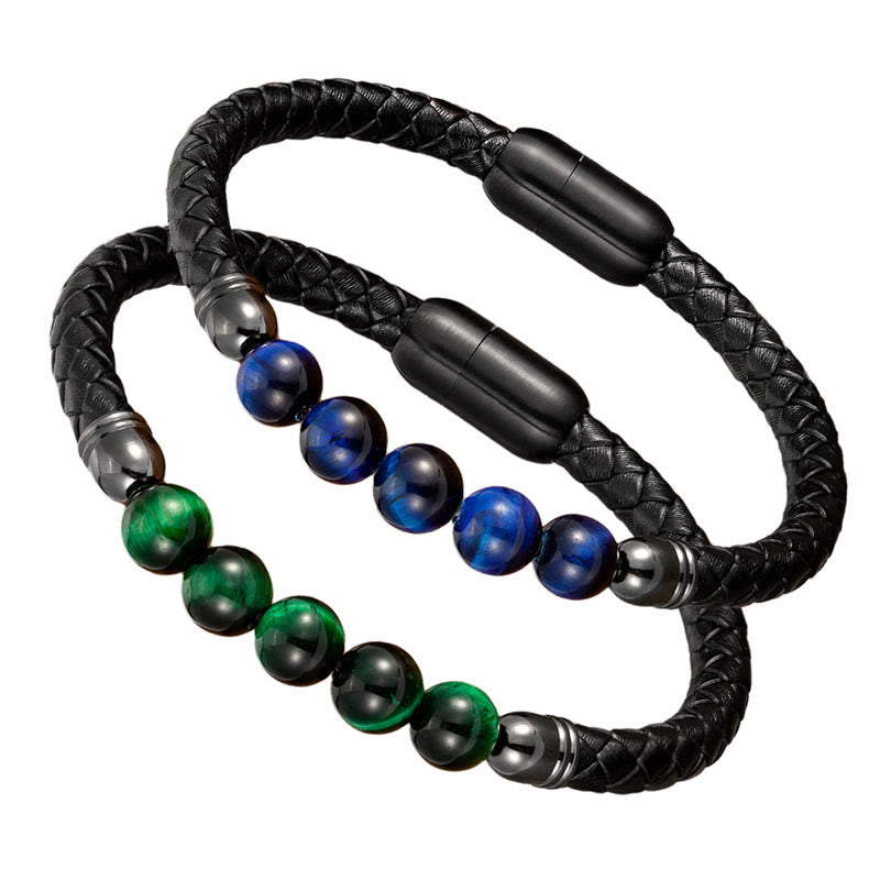 Buddha Stones, blauer Achat, Tigerauge, Lavastein, schwarzer Onyx, Lazurit, Perlenschutz, Lederarmband