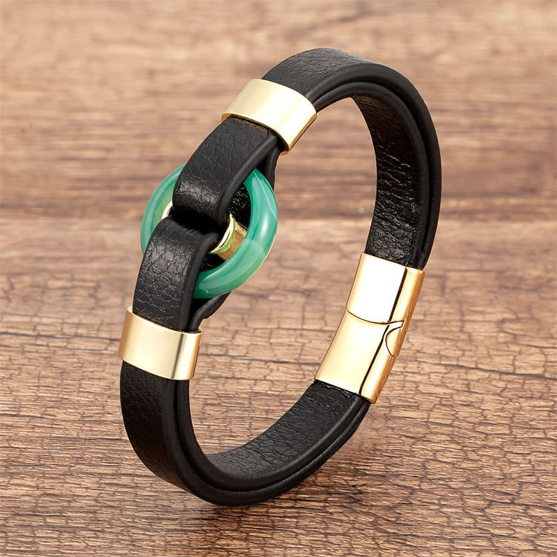 Buddha Stones, rund, grüner Aventurin, schwarzer Onyx, Hämatit, Achat, Rosenquarz, Stein, Balance, Lederarmband mit Magnetschnalle - Grüner Aventurin-Gold - 18-22 cm - image 1