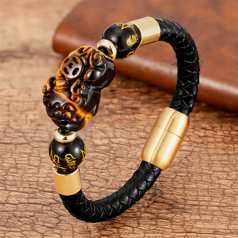 Buddha Stones , Tigerauge, schwarzer Onyx, roter Achat, PiXiu, Kupfermünze, Om Mani Padme Hum, Stärke, Lederarmband - Tigerauge - 18-22 cm - image 1