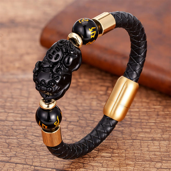 Buddha Stones , Tigerauge, schwarzer Onyx, roter Achat, PiXiu, Kupfermünze, Om Mani Padme Hum, Stärke, Lederarmband - Schwarzer Onyx - 18-22 cm - image 6