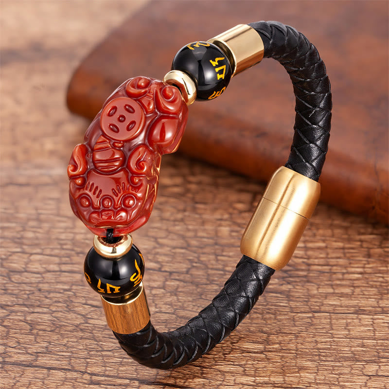 Buddha Stones , Tigerauge, schwarzer Onyx, roter Achat, PiXiu, Kupfermünze, Om Mani Padme Hum, Stärke, Lederarmband - Roter Achat - 18-22 cm - image 10