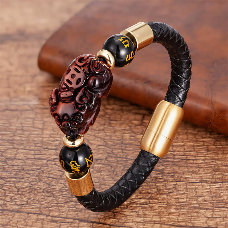 Buddha Stones , Tigerauge, schwarzer Onyx, roter Achat, PiXiu, Kupfermünze, Om Mani Padme Hum, Stärke, Lederarmband