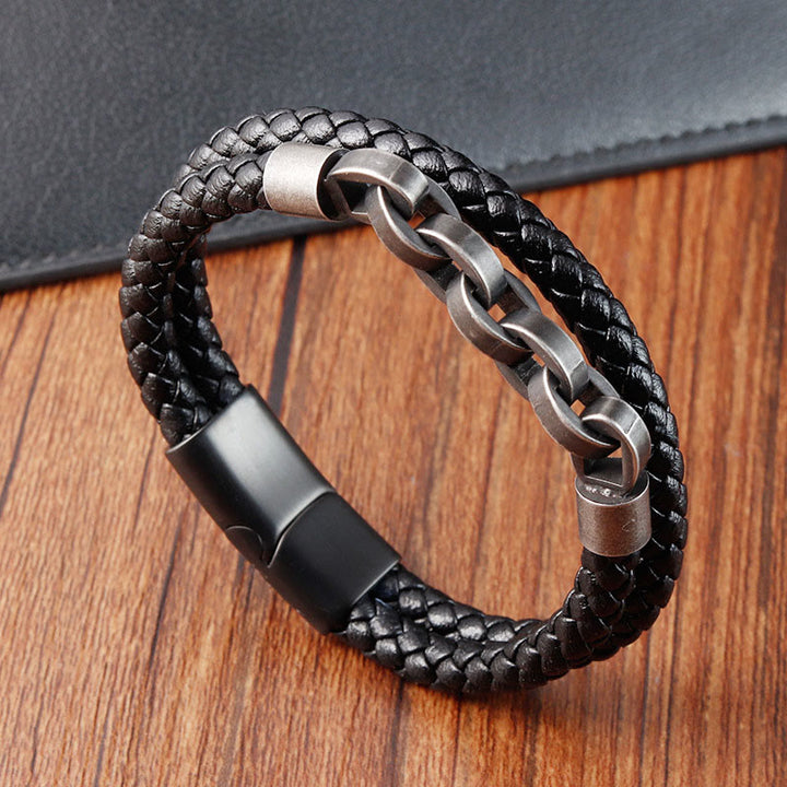 Armband mit geflochtener Schnalle aus Titanstahl und Kettendesign mit Buddha Stones und Leder - Doppellagig (Handgelenkumfang 17-19 cm) - image 0