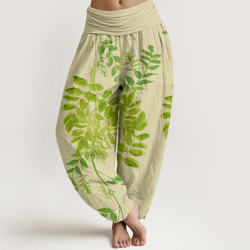Buddha Stones, grüne Blätter, Zweige, Haremshose für Damen mit elastischer Taille - Blasse Goldrute - US22， UK/AU26，EU54 (6XL) - image 1