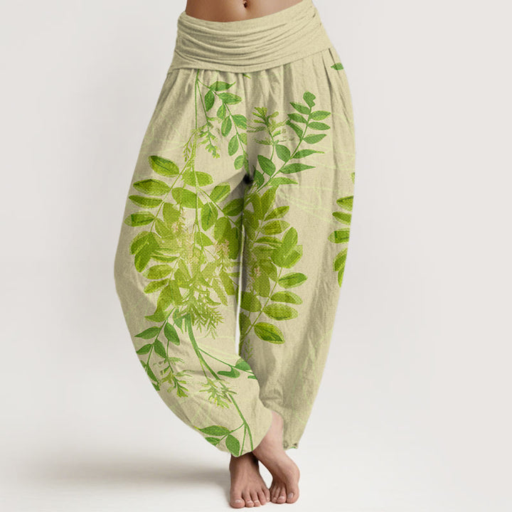 Buddha Stones, grüne Blätter, Zweige, Haremshose für Damen mit elastischer Taille - Blasse Goldrute - US22， UK/AU26，EU54 (6XL) - image 1