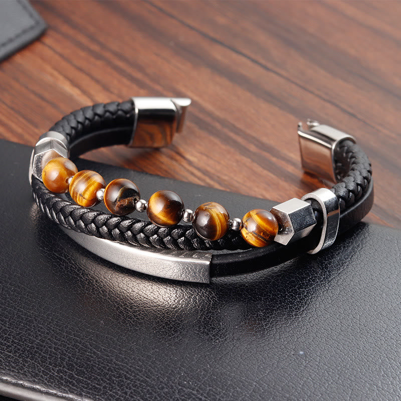 Buddha Stones Tiger Eye Bead Mehrschichtiges Erdungsarmband aus Leder mit Schnalle