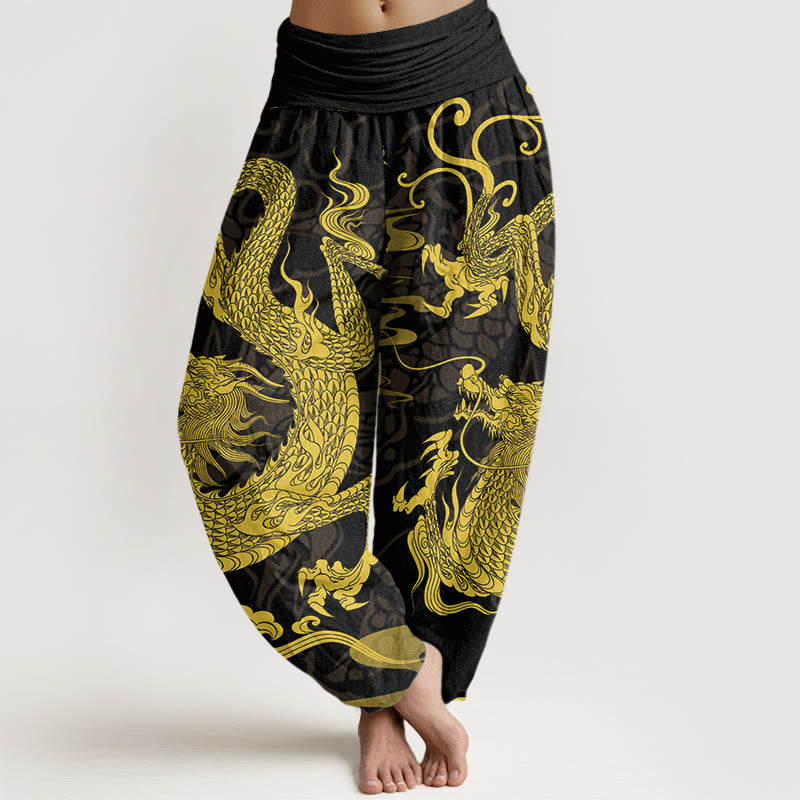 Buddha Stones, Baumwolle, Drache, Glückswolken, Damen-Haremshose mit elastischem Bund - Schwarz - US22, UK/AU26, EU54 (6XL) - image 0