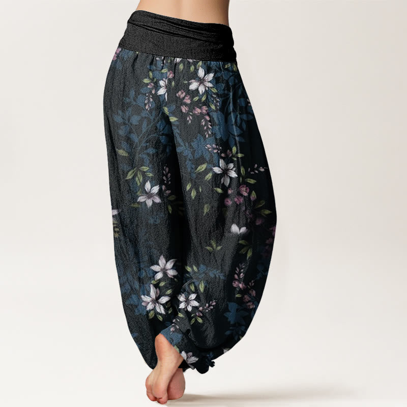 Buddha Stones, kleine weiße Blüten, grüne Blätter, Haremshose für Damen mit elastischer Taille - image 2