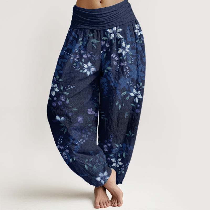 Baumwoll-Haremshose mit Buddha Stones , kleinen weißen Blüten und grünen Blättern, elastischem Bund für Damen - Mitternachtsblau - US22, UK/AU26, EU54 (6XL) - image 4