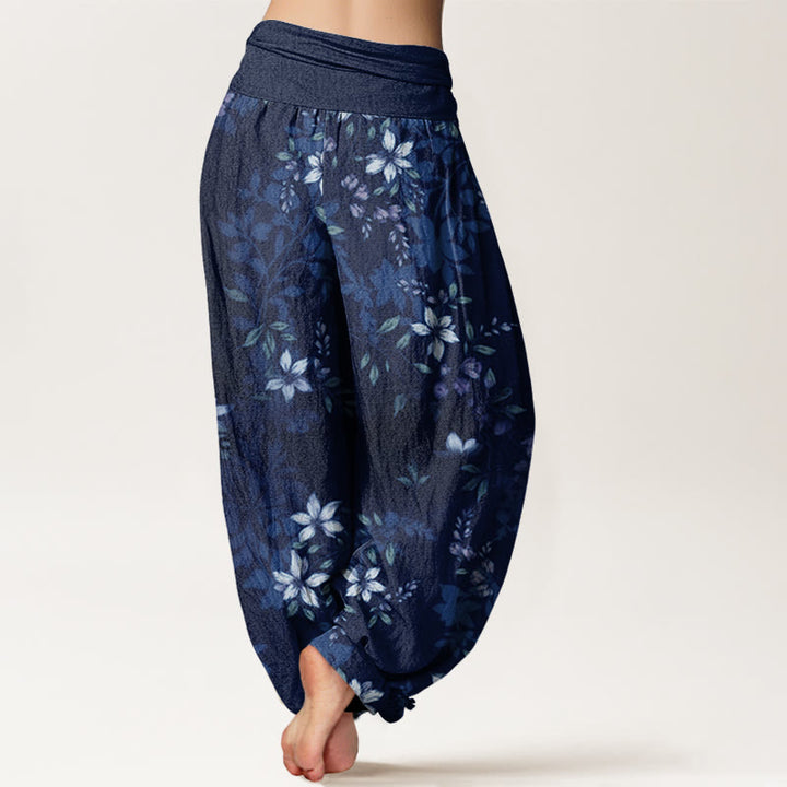 Buddha Stones, kleine weiße Blüten, grüne Blätter, Haremshose für Damen mit elastischer Taille - image 6