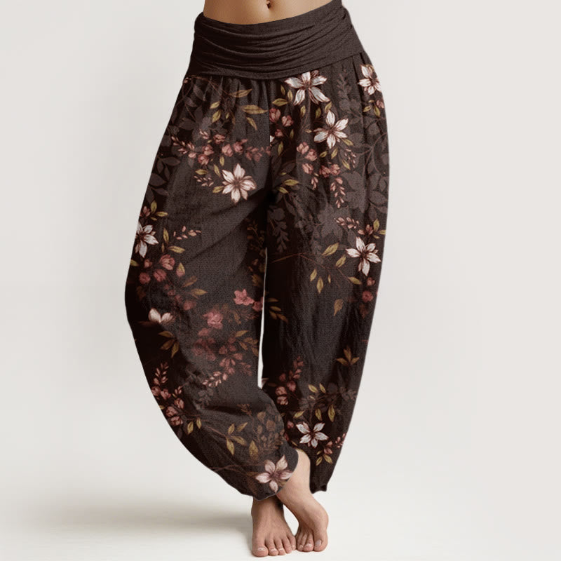 Baumwoll-Haremshose mit Buddha Stones , kleinen weißen Blüten und grünen Blättern, elastischem Bund für Damen - Sattelbraun - US22, UK/AU26, EU54 (6XL) - image 7