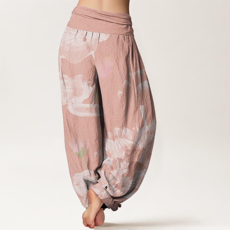 Buddha Stones Rosa und Weiß Lotus Damen Haremshose mit elastischer Taille - image 2