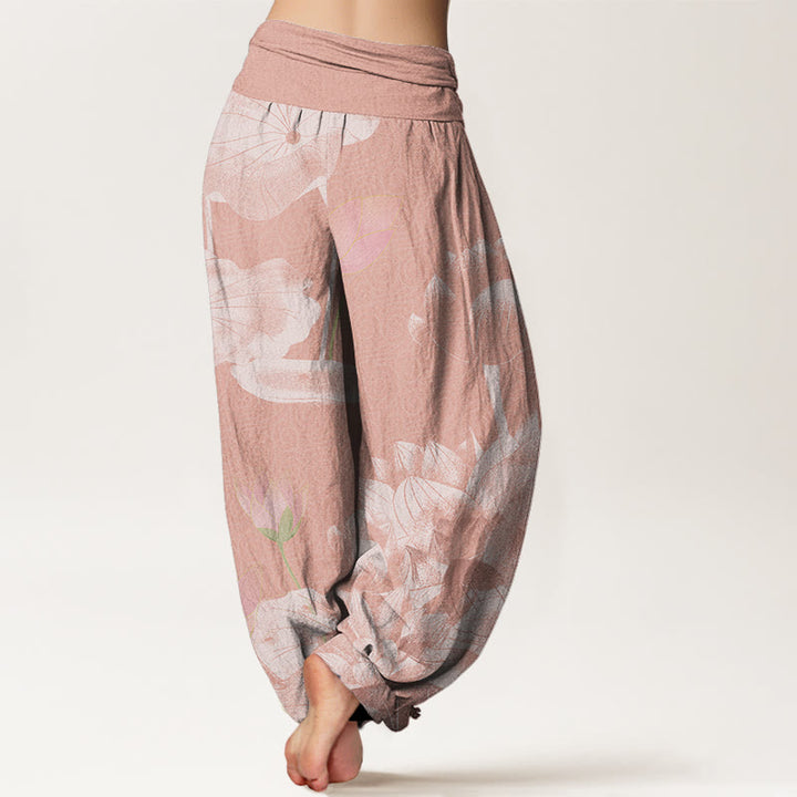 Buddha Stones Rosa und Weiß Lotus Damen Haremshose mit elastischer Taille - image 2