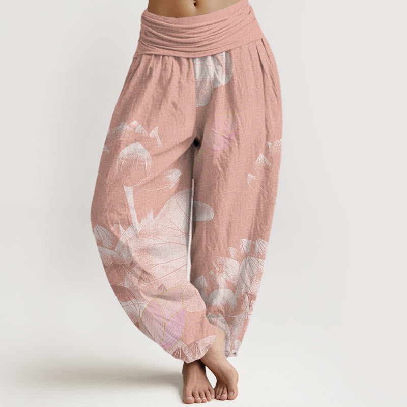 Buddha Stones Rosa und Weiß Lotus Damen Haremshose mit elastischer Taille - DarkSalmon - US22， UK/AU26，EU54 (6XL) - image 1